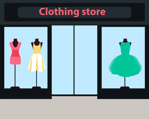 Vitrine magasin de vêtements pour femmes. Robes sur mannequins. Illustration vectorielle — Image vectorielle