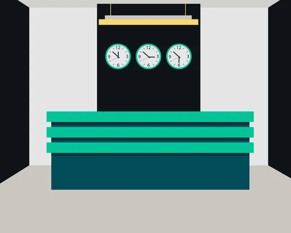 Hotel reception. Interior room with a desk and a clock. Vector illustration — Stock vektor
