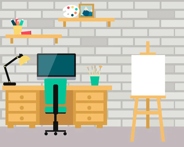 Workplace artist. Interior room with computer and art board. Vector illustration — 스톡 벡터