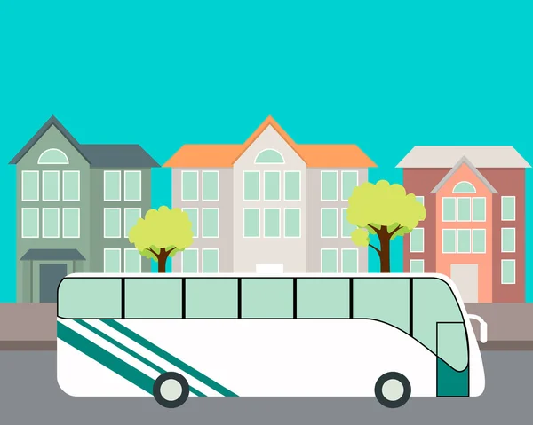 Tour Bus rides on the road on the background houses. Vector illustration — 스톡 벡터