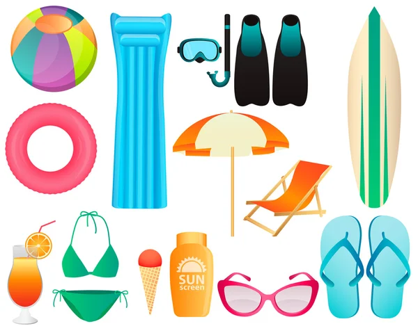Set de accesorios de playa. Vacaciones de verano. Ilustración vectorial — Vector de stock