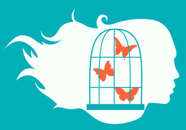 Geheime Wünsche. Silhouette des Mädchens und der Käfig mit Schmetterlingen. Vektorillustration — Stockvektor