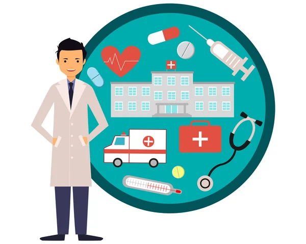 Docteur, hôpital et ambulance. Le concept de médecine. Illustration vectorielle — Image vectorielle