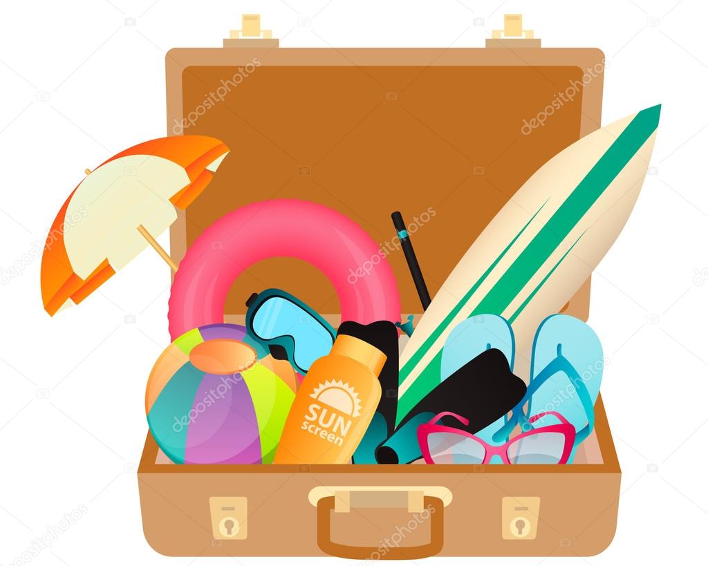 Vintage suitcase with beach accessories. Travel concept. Vector illustration