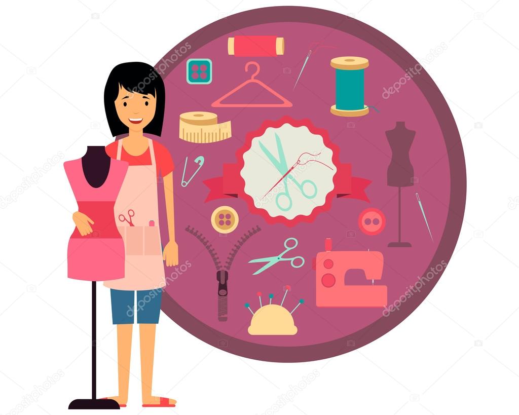 Woman seamstress. Set of sewing tools and accessories. Vector illustration