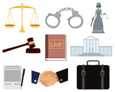 Simge kanun seti. Adliye ve kelepçeler. Vektör çizim