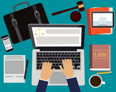 Çalışma alanı'na avukat. Dizüstü bilgisayar, tablet ve cep telefonu ile tablo. Vektör çizim
