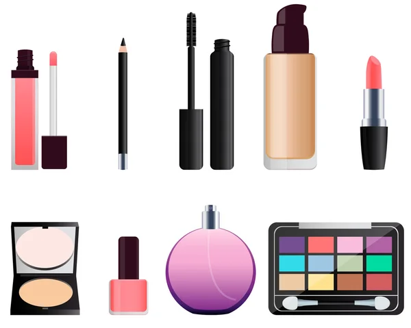 Set van cosmetica voor make-up. Lippenstift en oogschaduw. Vectorillustratie — Stockvector