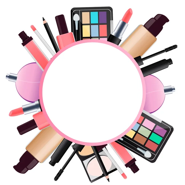 Round background cosmetics for makeup. Lipstick and eye shadow. Vector illustration — Stock Vector