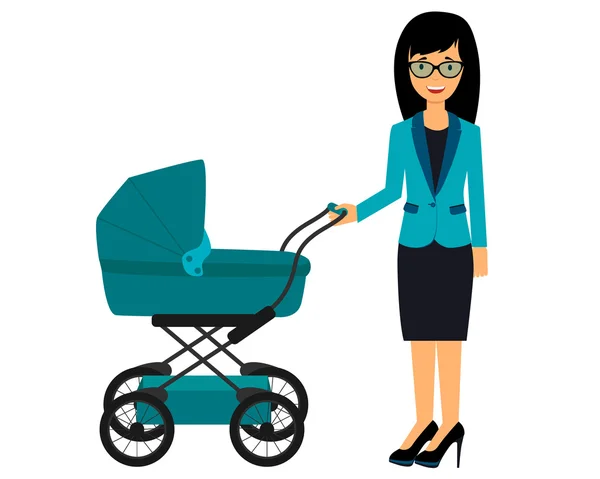 Affärskvinna med barnvagn. Ung mamma promenader med baby. Vektor illustration — Stock vektor