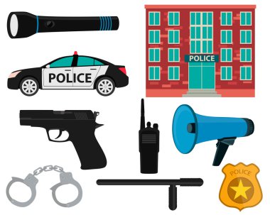 Polis Icon set. Ekipman ve aksesuarları. Vektör çizim