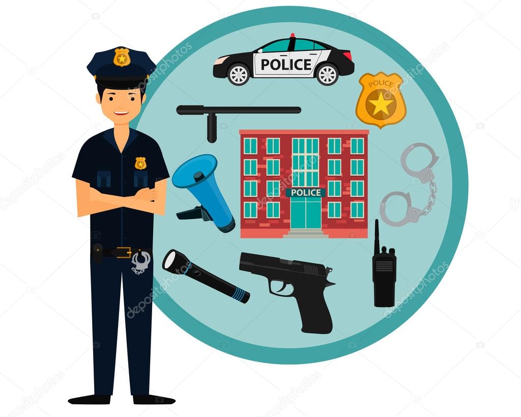 Male policeman and police icons. Vector illustration