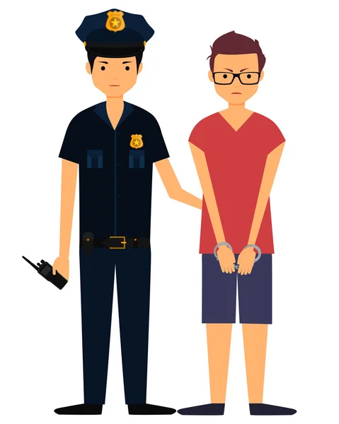 Policeman arrested the offender. Young angry man in handcuffs. Vector illustration — Stock Vector