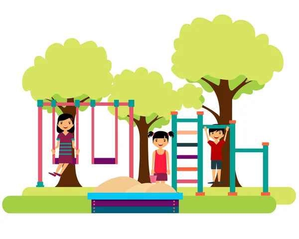 Miúdos a brincar no parque infantil. Sandbox, barra horizontal e balanço. Ilustração vetorial — Vetor de Stock