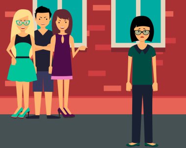 Yalnız kız zorbalık. Arkadaşlar gossipers ile genç kız üzgün. Vektör çizim