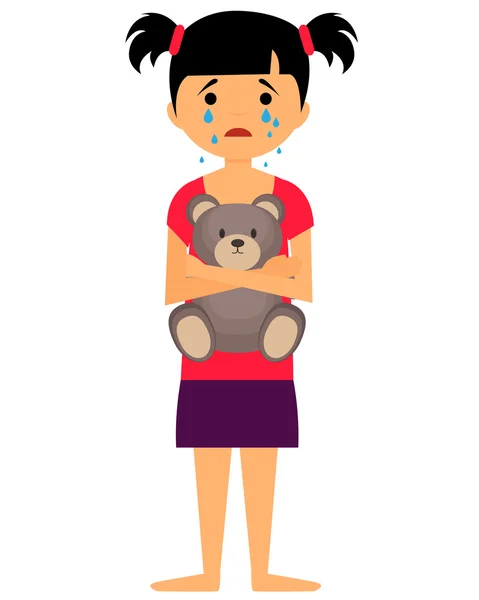Sad little girl crying and hugging toy bear. Vector illustration — Stock Vector