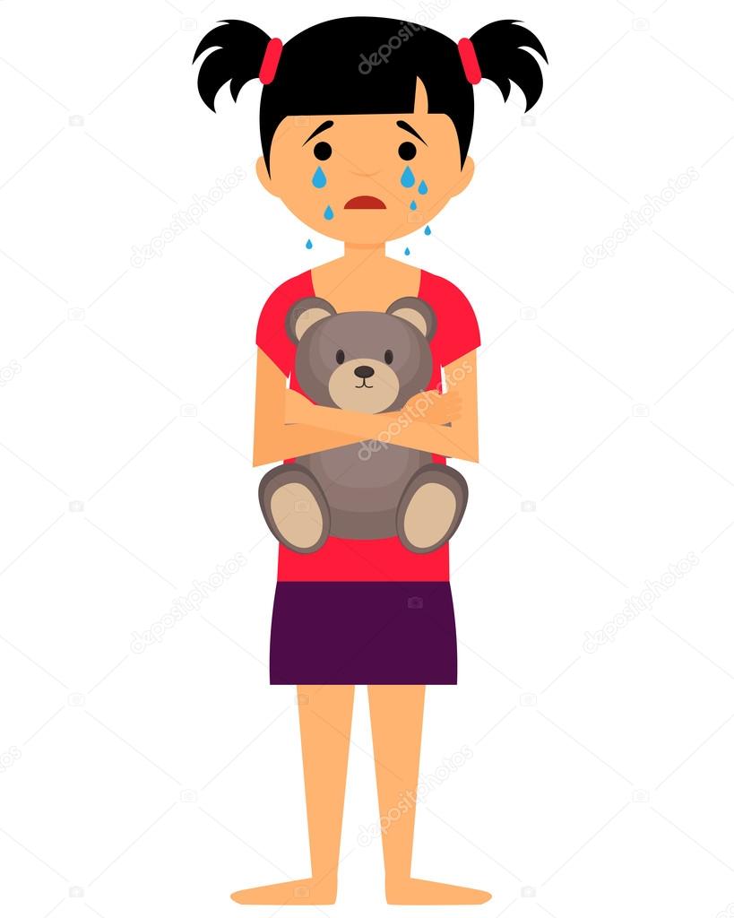 Sad little girl crying and hugging toy bear. Vector illustration