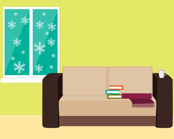 Comfortabele kamer met een bank en een raam met sneeuwvlokken. Vectorillustratie — Stockvector