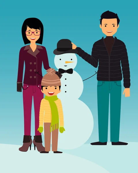 La familia construye muñeco de nieve. Los niños juegan al aire libre en invierno. Ilustración vectorial — Vector de stock