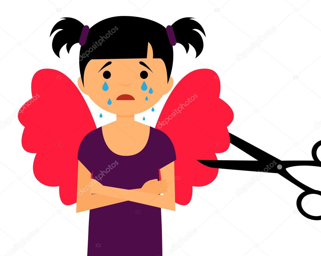 Growing up and loss of dreams. The child cut wings. Vector illustration