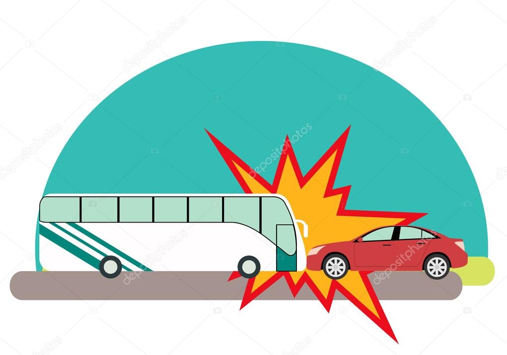 Road accident. Bus with passengers crashed into a car. Vector illustration