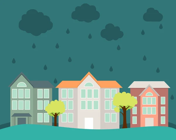 Vloed. Straat met huizen en bomen overstroomd water. Vectorillustratie — Stockvector