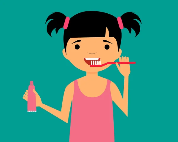 Little girl cleans teeth and holding toothpaste. Vector illustration — Stock Vector