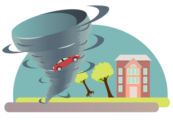 Tornado twisted tree and a car. Vector illustration