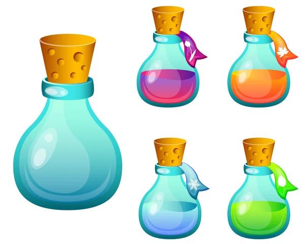 Conjunto de botellas con hechizos mágicos. Diseño del juego. Ilustración vectorial — Vector de stock