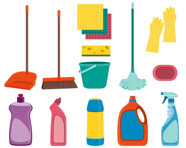 Impostare strumenti per la pulizia isolata su sfondo bianco. Illustrazione vettoriale — Vettoriale Stock