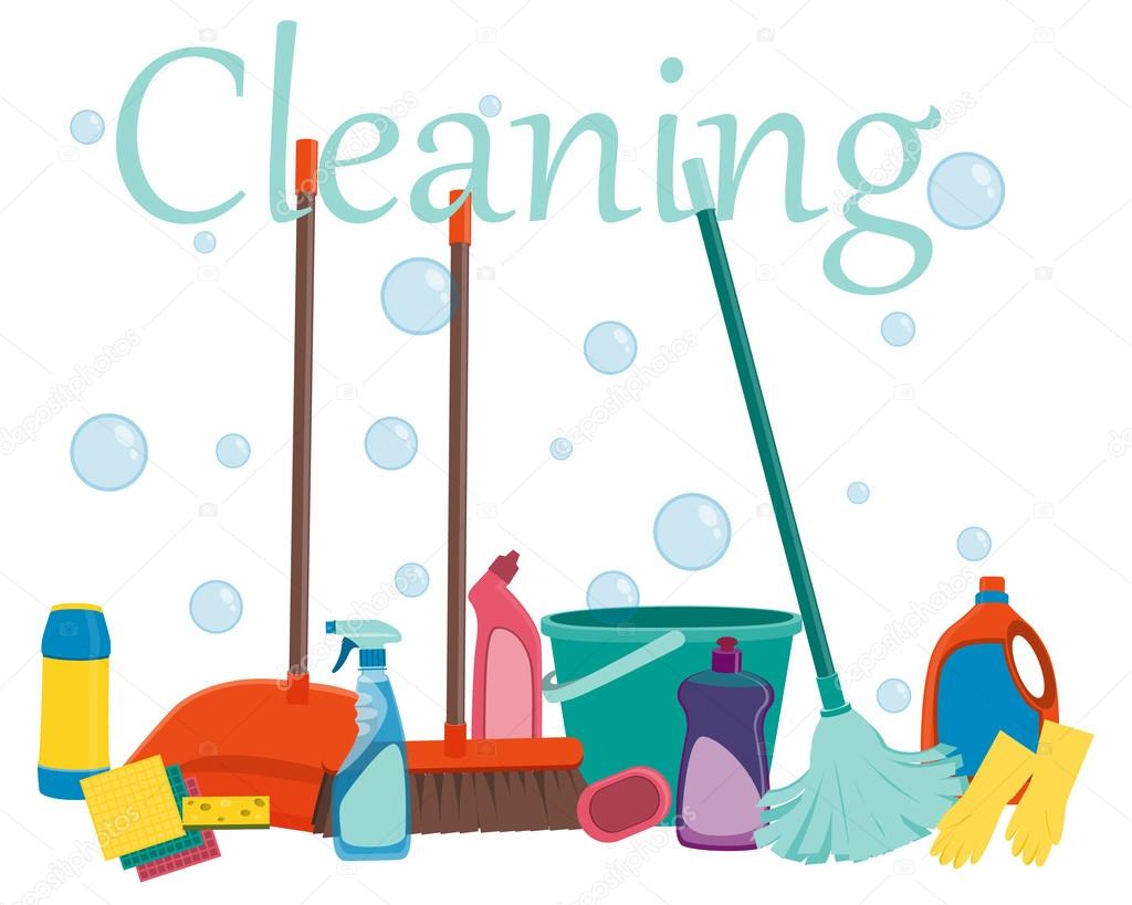 Poster tools for cleaning on a white background and soap bubbles. Vector illustration