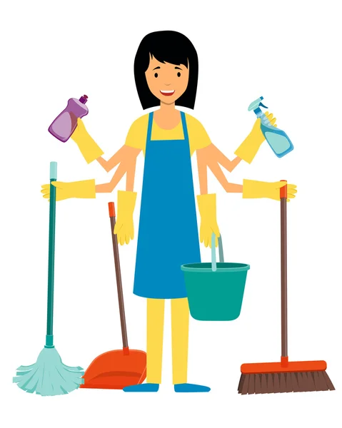 The concept of multitasking housewife. Woman and cleaning tools. Vector illustration — Stock Vector