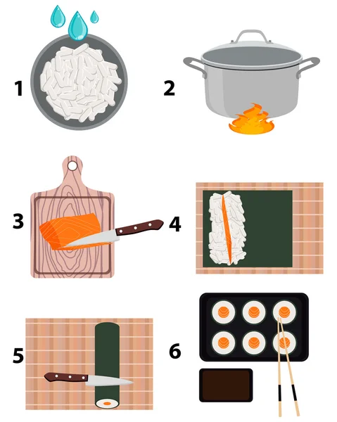 Cozinhar sushi maki. Instruções passo a passo. Ilustração vetorial —  Vetores de Stock