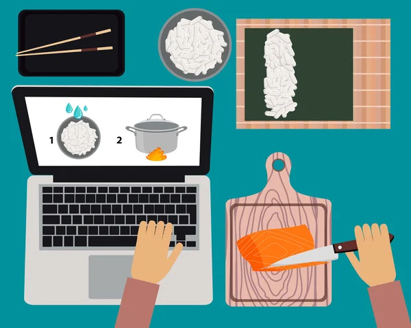 Vaření sushi maki. On-line kurzy vaření. Vektorové ilustrace — Stockový vektor