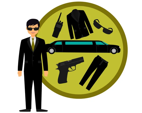 Bodyguard and accessories. The gun, suit and a limousine. Vector illustration — Stock Vector