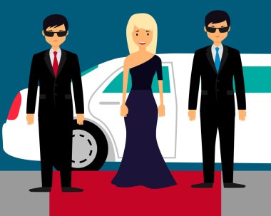 Superstar with bodyguards on the red carpet on the background of a limousine. Vector illustration