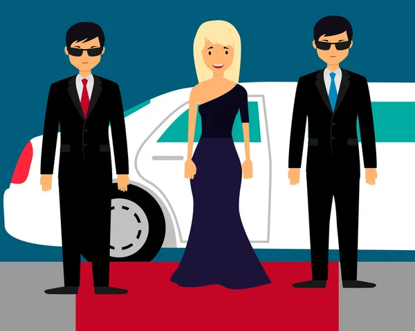 Superstar met lijfwachten op de rode loper op de achtergrond van een limousine. Vectorillustratie — Stockvector