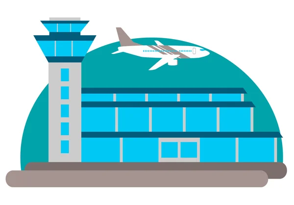 El edificio del aeropuerto y la aeronave en el fondo del cielo. Ilustración vectorial — Archivo Imágenes Vectoriales