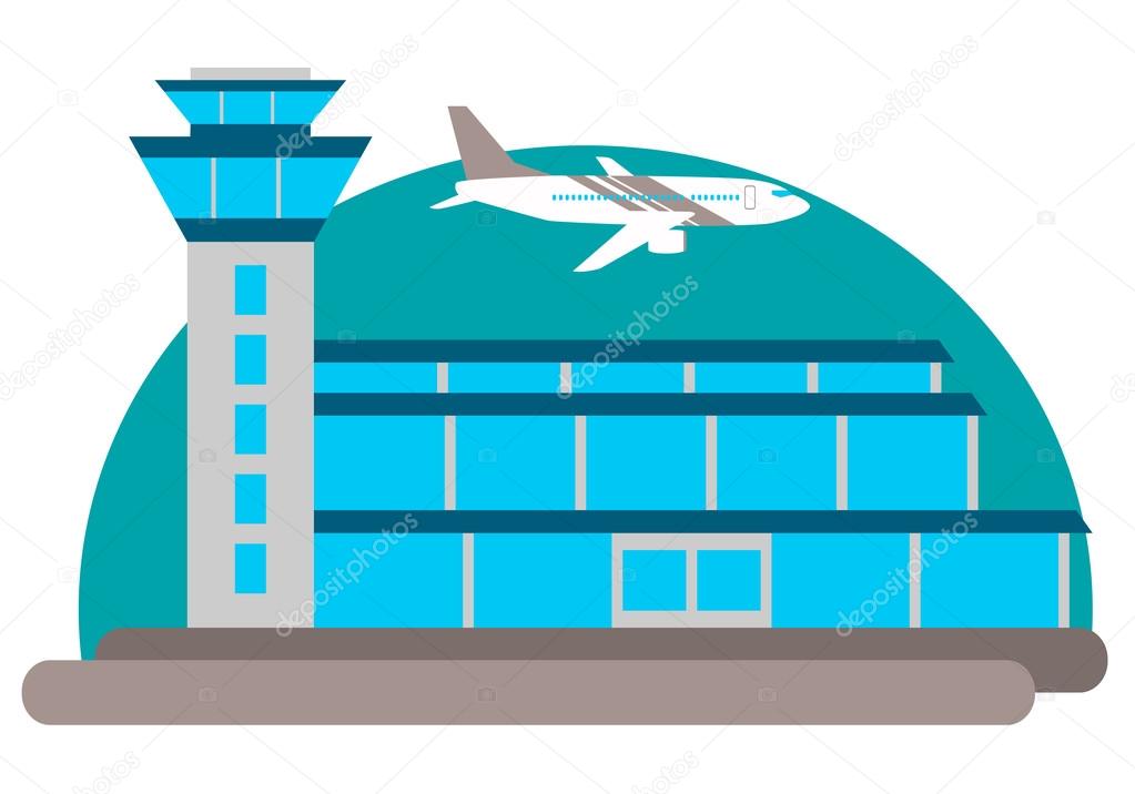 The airport building and the aircraft on the sky background. Vector illustration