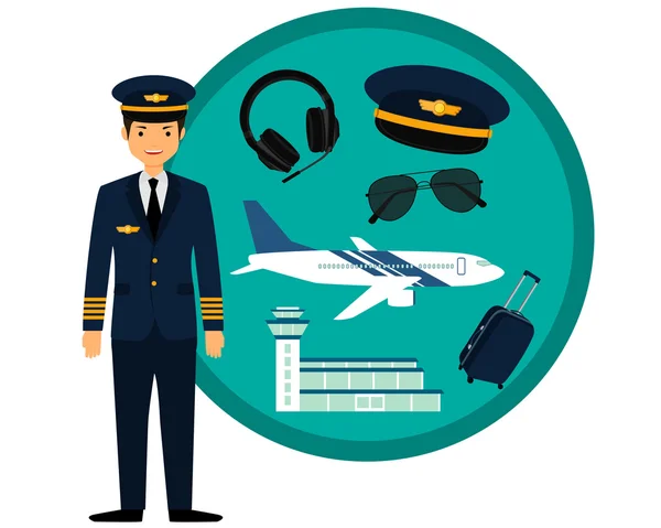 Piloto de avión en uniforme y conjunto de iconos. Ilustración vectorial — Vector de stock