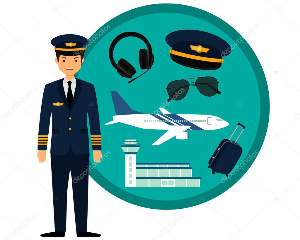 Airplane pilot in uniform and icons set. Vector illustration