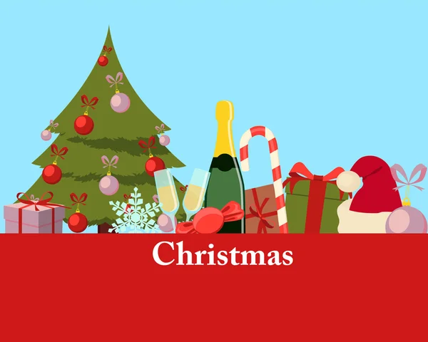 Рождественская открытка. Рождественская елка, подарок и шампанское. Векторная иллюстрация — стоковый вектор