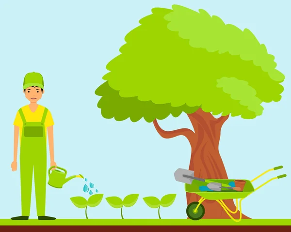 Werken in de tuin. Tuinman drenken planten. Vectorillustratie — Stockvector