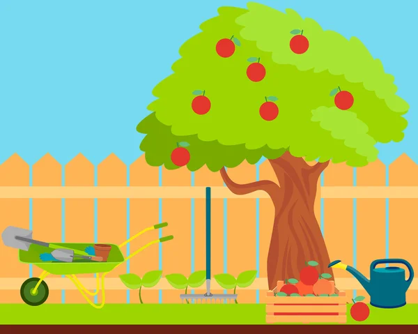 Tuin met fruitbomen en tuingereedschap. Vectorillustratie — Stockvector