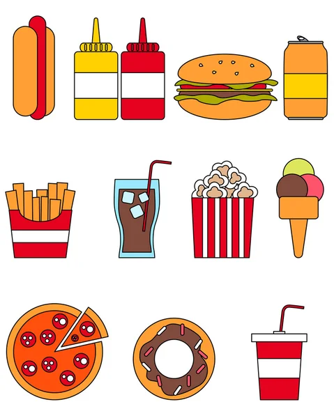 Flat line design. Icon set fast food. Vector illustration — Stock Vector