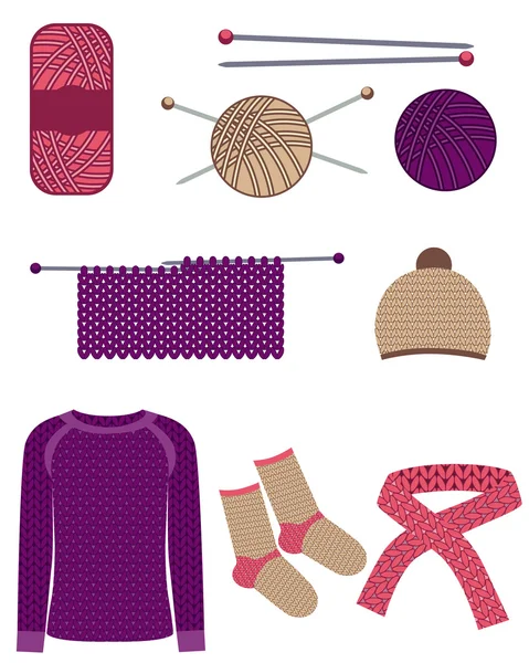 Ställ in stickning. Sticka tröjor, strumpor, mössa och halsduk. Vektor illustration — Stock vektor