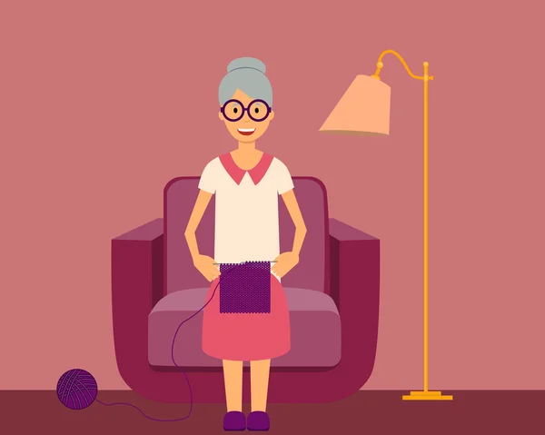 Feliz abuela teje sentado en sillón. Ilustración vectorial plana — Vector de stock