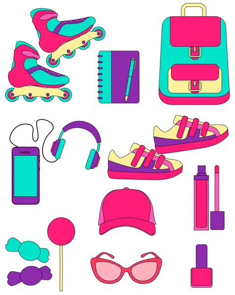 Clothing and accessories for teenage girls. Flat line design. Vector illustration — Stock Vector