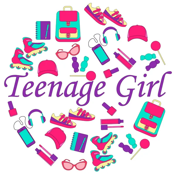 Clothing and accessories for teenage girls. Round poster. Vector illustration — Stock Vector