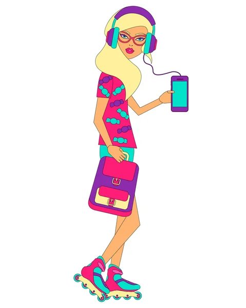 Chica adolescente en patines. Diseño de línea plana. Ilustración vectorial — Vector de stock